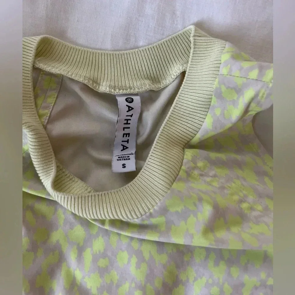 ATHLETA Neon Yellow Leopard Print Knit Neckline Top - Size S